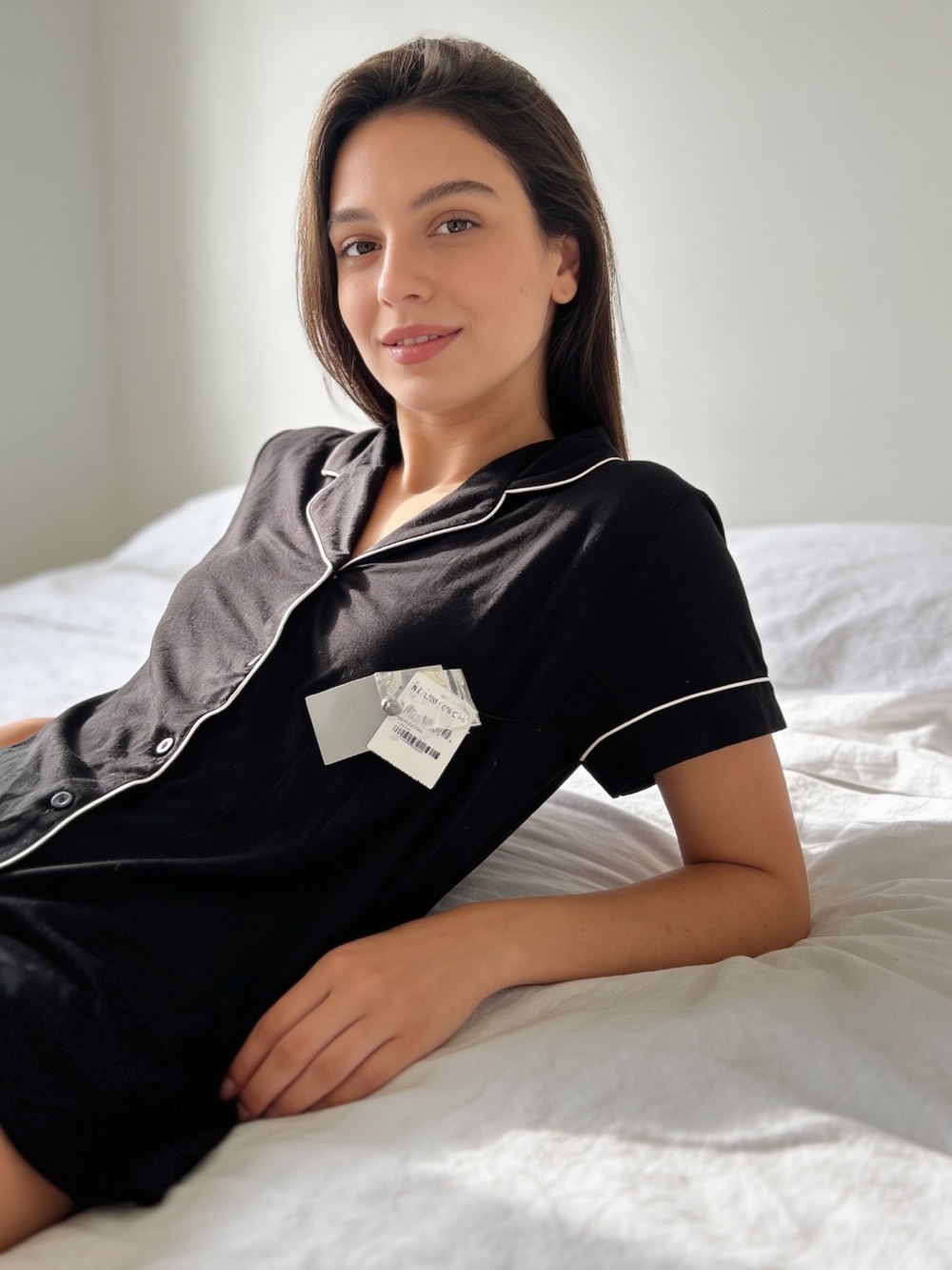 Women’s Nordstrom Black Pajama Set with White Piping - Short Sleeve & Shorts S